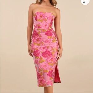 Upgraded Event Pink Jacquard Strapless Bustier Midi Lulu’s Dress
